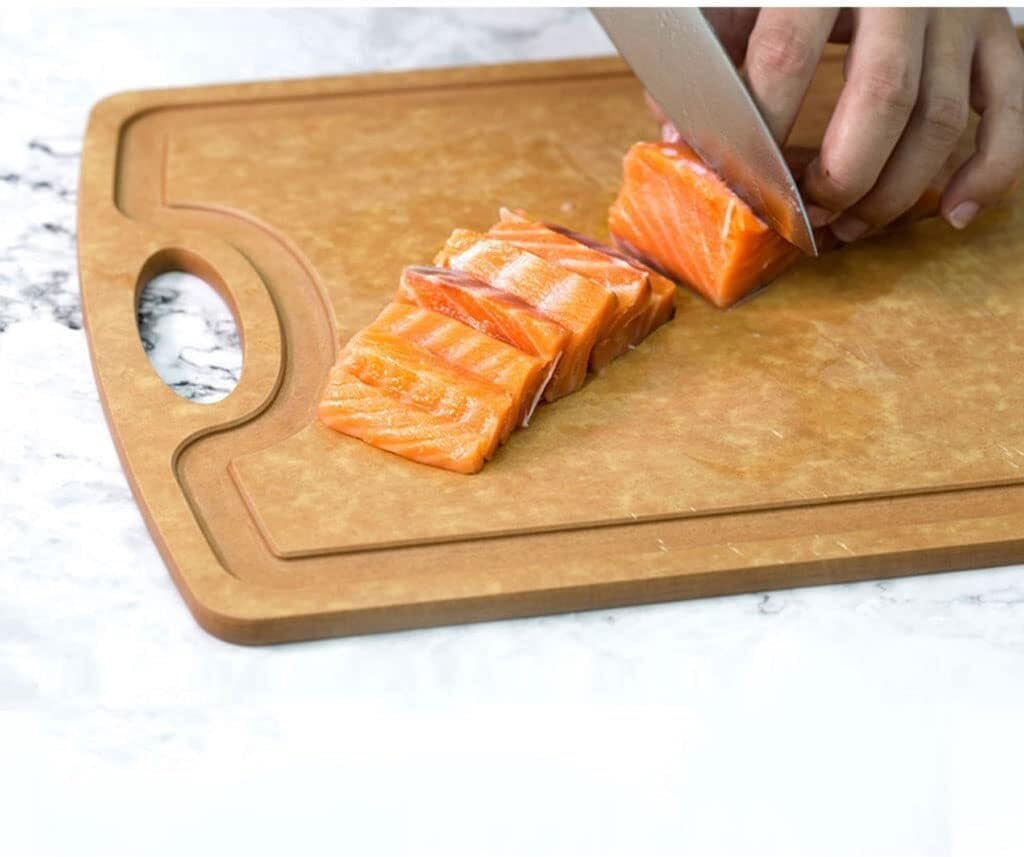 Wood Fiber Cutting Board with Juice Grooves, Dishwasher Safe, Non Porous, Ergonomic Handle, for Meat, Fruits & Vegetables,Wood Color S+l