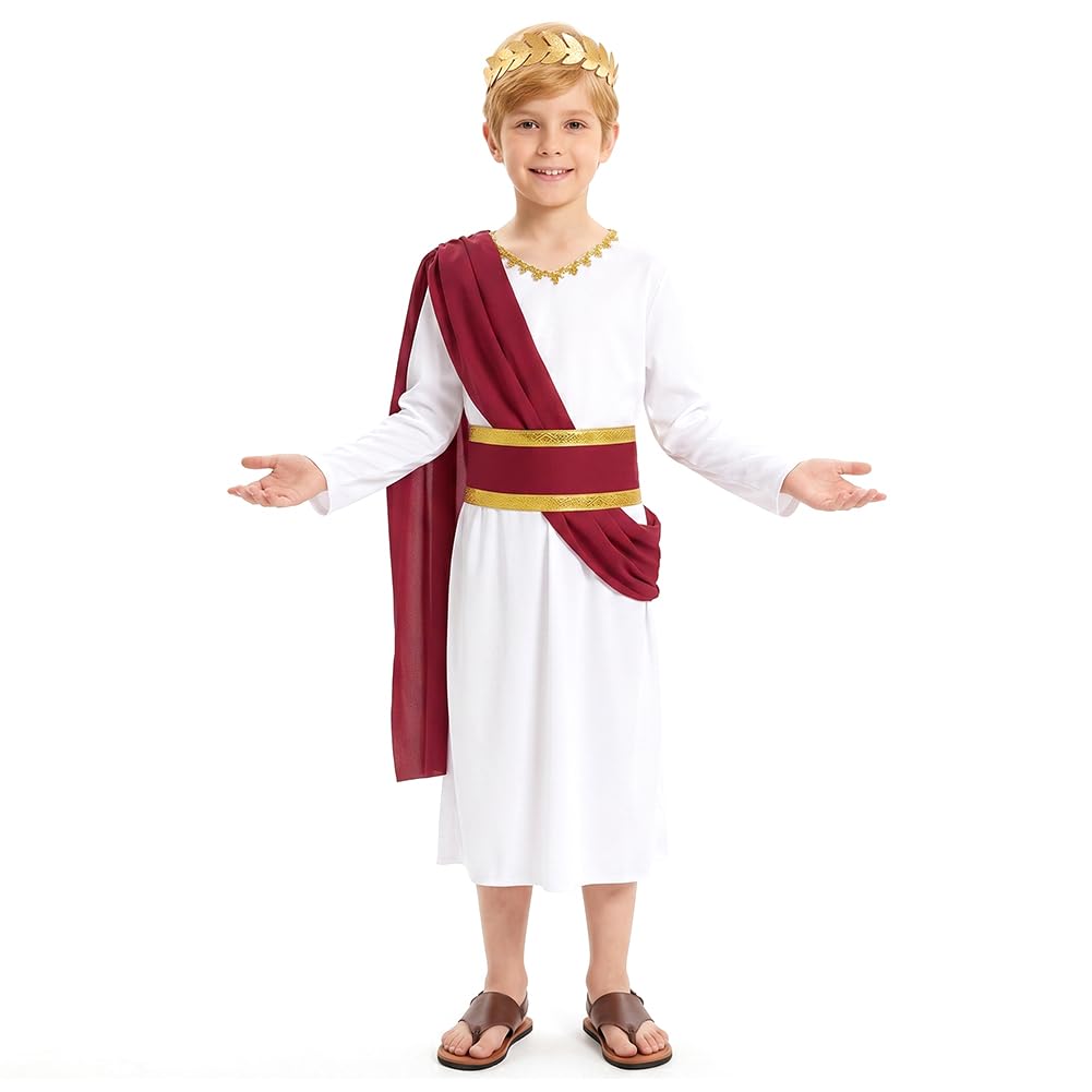 AOOWU Boys Roman Greek Prince Fancy Dress with Headpiece Shawl and Belt,M