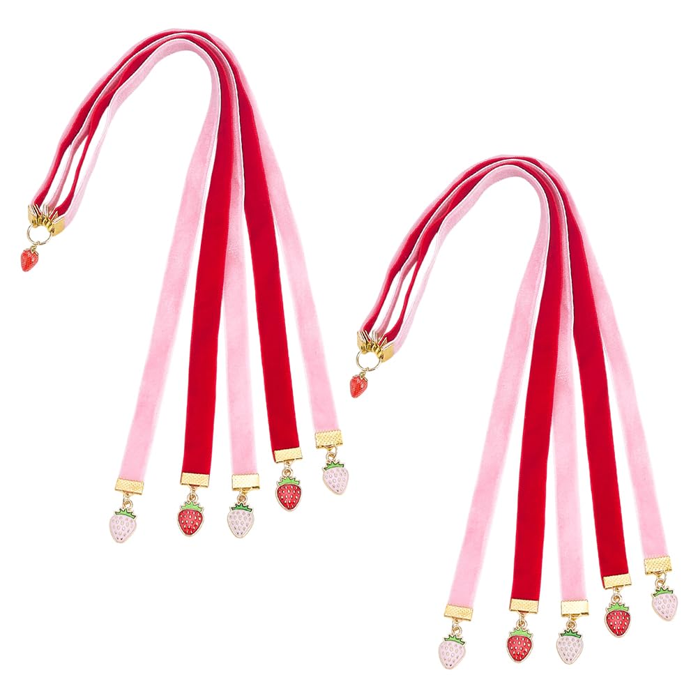 CRAFTYMELODY 2Pcs 2 Color Ribbon Bookmark Velvet Ribbons Bible Bookmarks Pink Red Velvet Ribbons Book Marks with Alloy Enamel Strawberry Pendant Multi-Strand Bible Book Marks for Women Men
