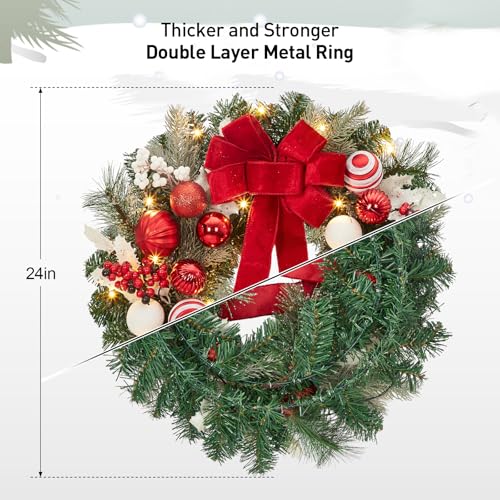 Garveehome 24 In Christmas Wreath With Lights for Front Door, Pre-Lit Christmas Wreath, Battery Operated, Lighted Xmas Door Wreath with Ball Ornaments for Christmas Door Fireplace Decor, Red and White