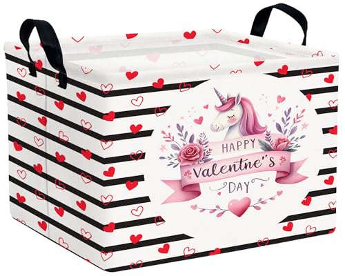Image of Valentines Day Basket for Kids Heart Shaped Empty Storage Bins for Gifts with Handles Room Decor (Black Dash Love Unicorn)