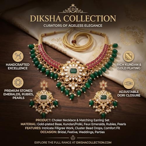 Image of South Indian Traditional Antique Matte Gold Finish Goddess Lakshmi & Peacock Motif Long Necklace Set with Jhumka Earrings for Women | Ethnic Temple Jewellery for Weddings, Brides & Festivals (Green Drops)