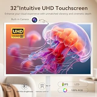 32-Inch Portable Smart TV on Wheels with Touch Screen Monitor | 8G RAM +128G Storage | 8-core CPU Qualcomm | Built-in 6-8H Battery | 8MP Webcam | Android 13 OS | Full Swivel Rotation | Remote Control