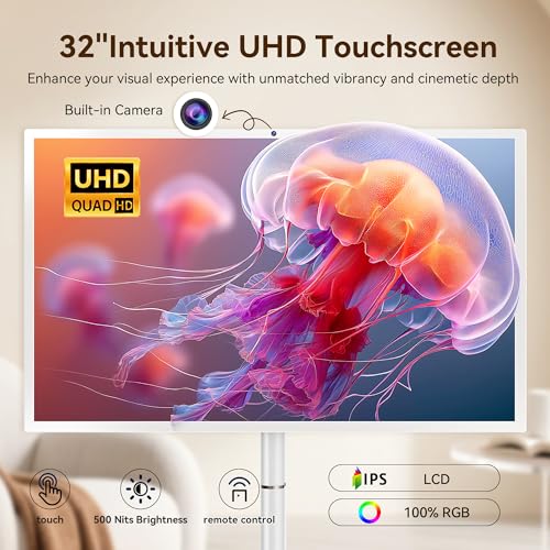 Image of 32-Inch Portable Smart TV on Wheels with Touch Screen Monitor | 8G RAM +128G Storage | 8-core CPU Qualcomm | Built-in 6-8H Battery | 8MP Webcam | Android 13 OS | Full Swivel Rotation | Remote Control