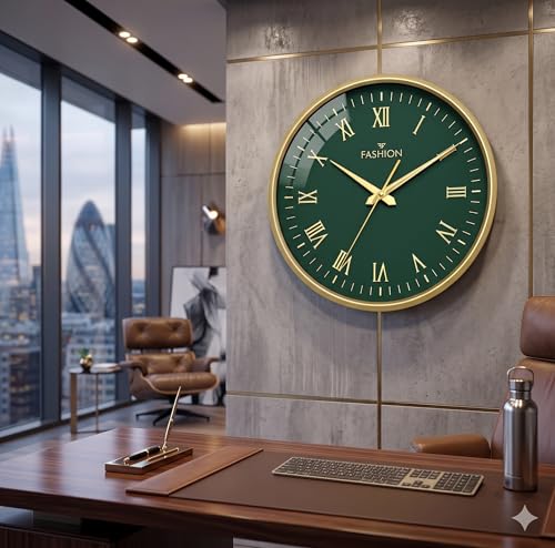 Image of Elica Fashion Round Wall Clock, Green & Gold, Roman Numerals, Decorative Home Decor for Living Room (Gold-RF)