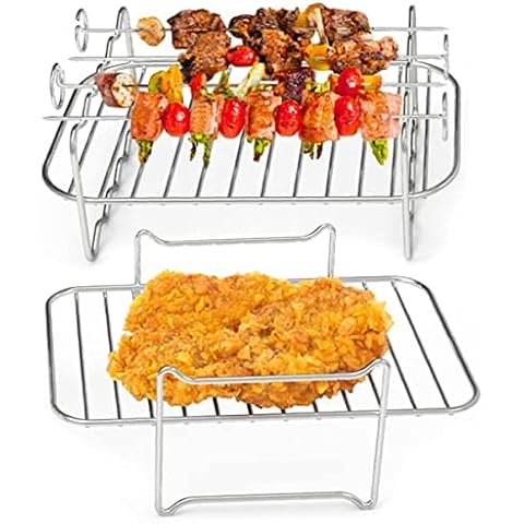 2PCS Air Fryer Rack, Air Fryer Double Layer Rack, Multi-purpose Air Fryer Accessories, Stainless Steel Grilling Rack with 4 Skewers, Dual Air Fryer Rack for Barbecue, Roasting Oven, Air Fryer (A) Cover