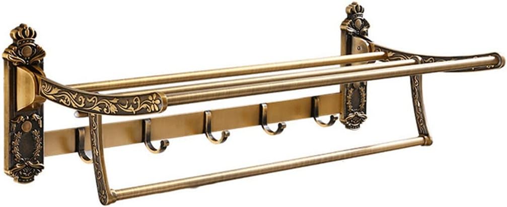 Aluminum Foldable Antique Brass Bath Towel Rack Active Bathroom Holder Shelf with Hooks Accessories