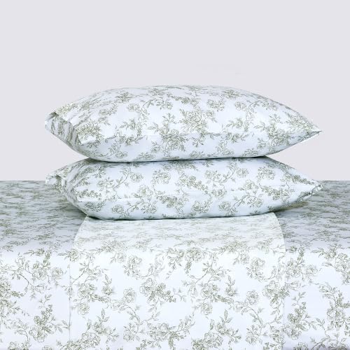 Image of Feather & Stitch Printed 500 TC Split King Size Sheet Set, 5 Piece Bed Sheets Set, 2 Twin Fitted Sheet, 1 King Flat Sheet & 2 King Pillowcases, 18 inch Deep Pockets Sateen Weave - Green Floral Toile