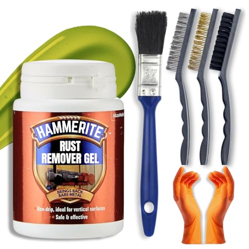 Rust Remover for Metal Bundle with 100ml Hammerite Rust Remover Gel Wire Brush Set (Nylon Steel Brass) Gloves & Decex Paintbrush - Rust Treatment Kit for Cars Bikes BBQ Vehicles Gates Chrome