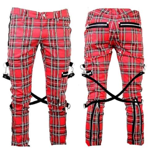 Punk Style Plaid Pants, Red Tartan with Black Straps, Cross Strap Design,Trousers Unisex Tartan Pants Emo Punk Gothic Tapered3
