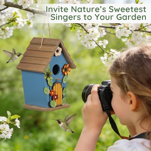 handrong Bird Houses for Outside,Wooden Blue Birdhouse,Decorative Birdhouses for Outdoors,Hanging Bird Houses,Bird Box Nest,Humming Bird House for Outside,Bird Gifts for Bird Lovers - Thumbnail 3
