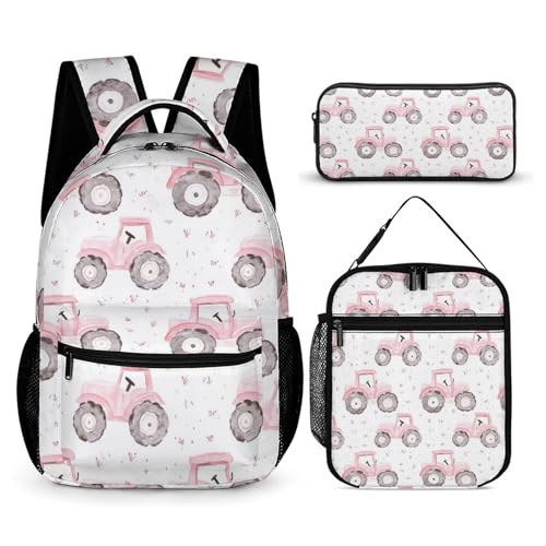 Watercolor Tractor Pattern Funny Backpack Set Lunch Bag Pencil Case Makeup Bag 3 in 1 for Men Women Travel