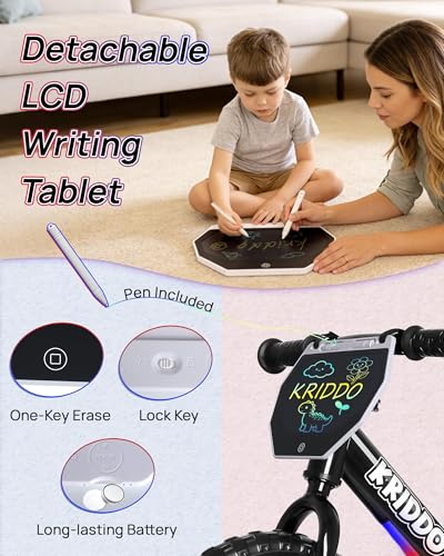 Image of KRIDDO Toddler Balance Bike 2 Years Old, 12-Inch Colorful Lighting-Up Push Bicycle with LCD Writing Tablet, Steady Balancing, Gift Bike for 2-5 Boys Girls, LED-Black