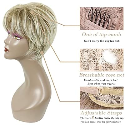 PHOCAS Pixie Cut Wigs Short Stylish Fluffy Layer Wig None Lace Replacement Wig with Bangs for Women Brown Mix Blonde Wig Short