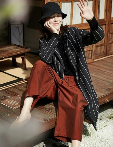 Ystylee Women's Striped Linen Single Breasted Long Trench Coat Lightweight Spring Fall Fashion Dust Coat3