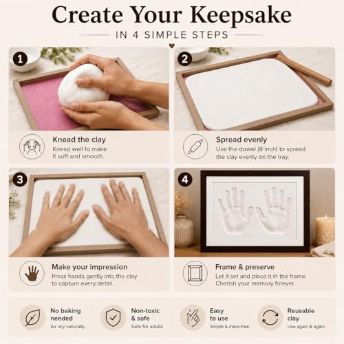 Image of Adult, Couple, Blessings Clay Handprint & Footprint Kit with XL Box Frame (37cm x 28cm x 2.5cm) & Impression Clay (750 GMS) (Brown Frame-White Clay)