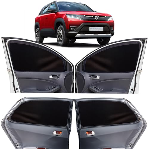 Image of OTO2EYE Car Sun Shade Compatible for Maruti Suzuki Vitara Brezza Model 2022 to 2024, Z-Black Super Magnetic Grip, Front Window Zipper, Side Window Curtains, 4 Pieces Set