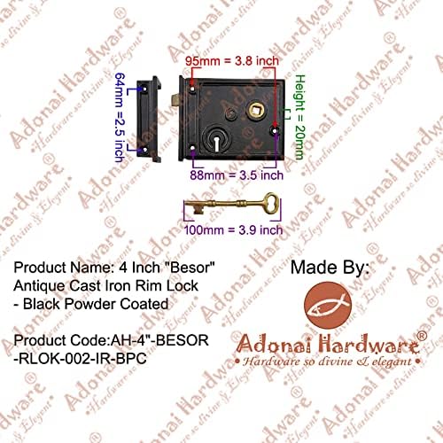 Adonai Hardware 4 Inch Besor Antique Cast Iron Rim Lock - Black Powder Coated
