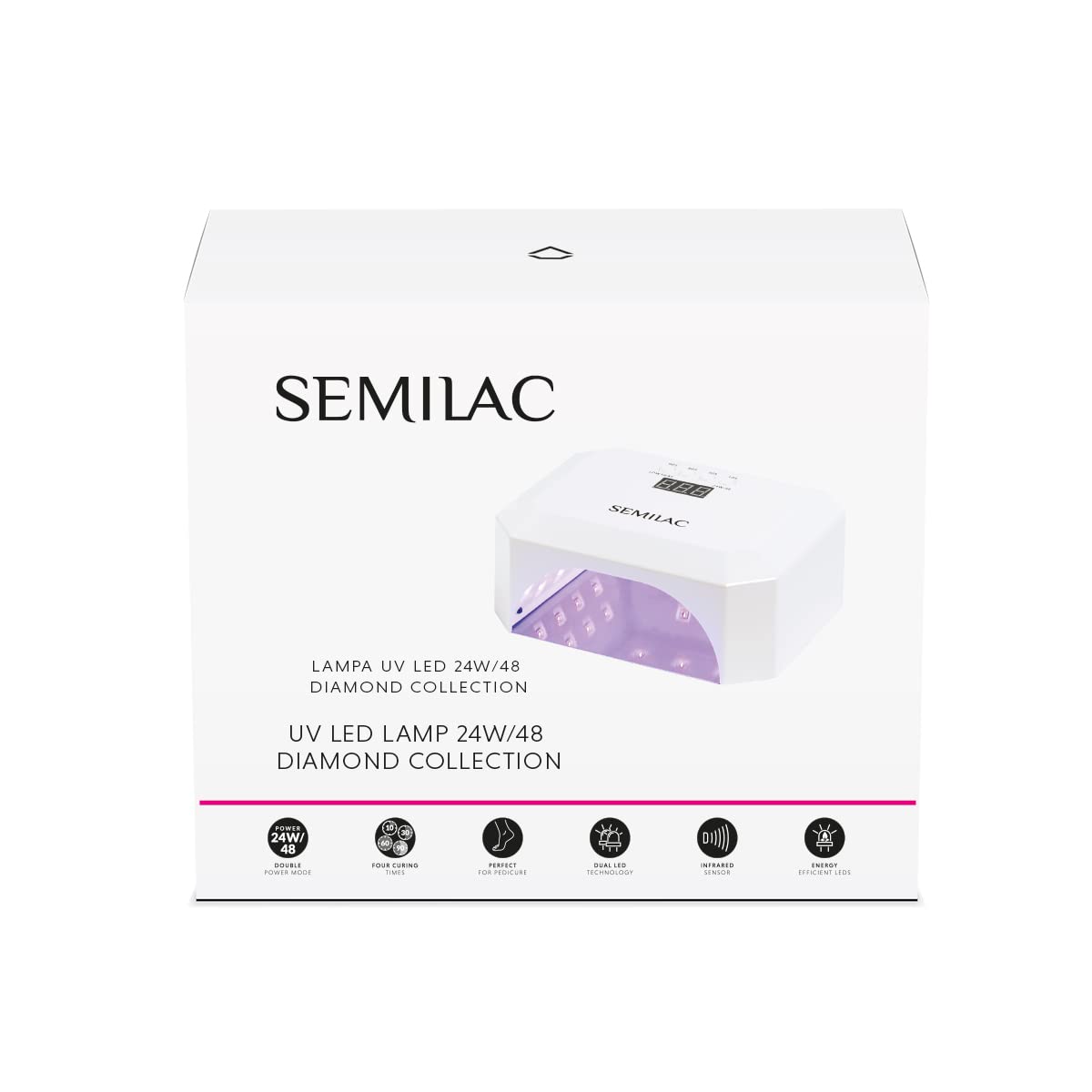 Semilac Lámpara UV LED profesional de 48/24 W para uñas de gel. Secador de uñas con 4 tiempos de curado, pantalla digital, base desmontable para fácil manicura y pedicura. Sensor de movimiento.