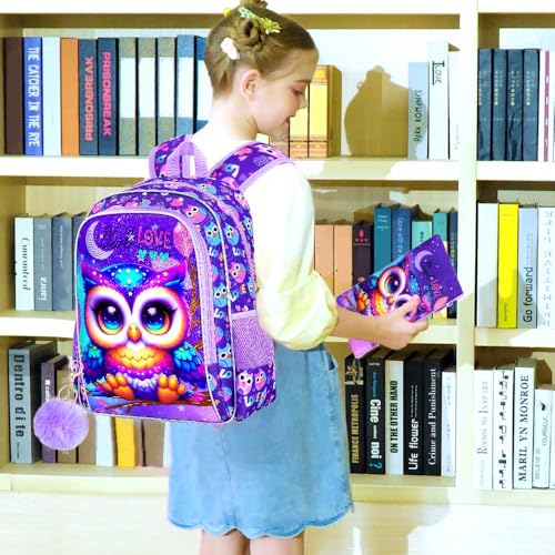 Image of CCJPX 3PCS Kids Backpack for Girls, 16 inchOwl Bookbag with Lunch Box, Cute Water Resistant Elementary School Bag for Kindergarten Preschool Toddler