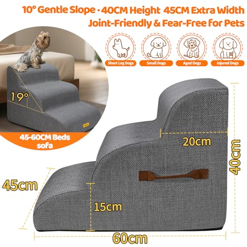 Gimars Hundetreppe mit 30D Hochdichtem Schaum & Extra-Breiten Stabilen 3 Stufen 40 cm hoch, Abnehmbarem Waschbarer Bezug, Rutschfestem Boden, Tragbare Rampe für Kleine Hunde zu Sofa, Bett, Auto