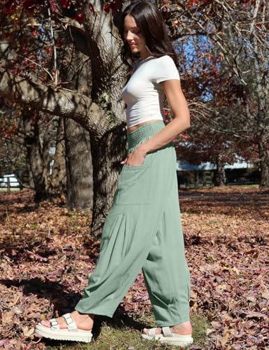 Image of TARSE Women's Linen Wide Leg Pants Baggy High Waist Palazzo Pants