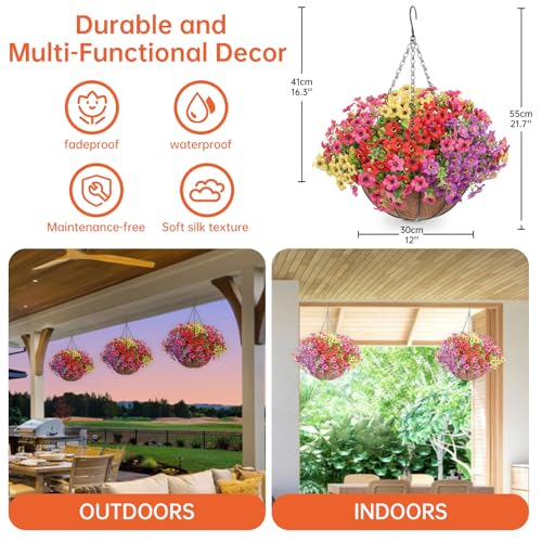 Artificial Hanging Flowers Basket, Fake Plants, Faux Silk Daisy Flowers, for Spring Summer Outdoor Decoration, UV Resistant, Coconut Planter, Look Real for Patio Garden Yard - Image 5