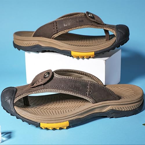 MILDSEVEN Handmade Men's Large Size Hiking Sandals, Fashion Real Leather Closed Toe Slippers, Outdoor Breathable Backpacking Beach Shoes,8.5,Dark Brown