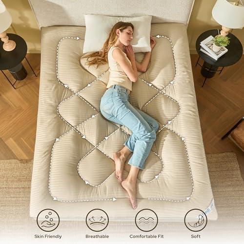 Image of BEDLORE Full Mattress Topper, Thick Pillow Top Pad for Back Pain Relief, Soft Mattress Cover with Deep Pockets 6-15 inch（Beige）