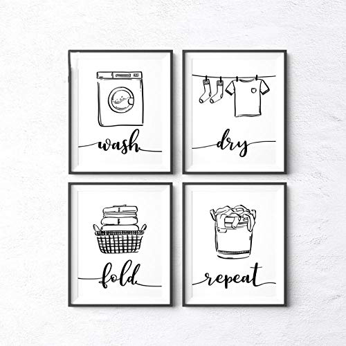 AdoDecor Bilder 4er Set, Bilder Wohnzimmer, Bild auf Leinwand, Wäscheschild Wash Dry Fold Repeat Wandbilder Schlafzimmer, Waschküchen-Dekor Badezimmer Boho Deko(Gerahmt)