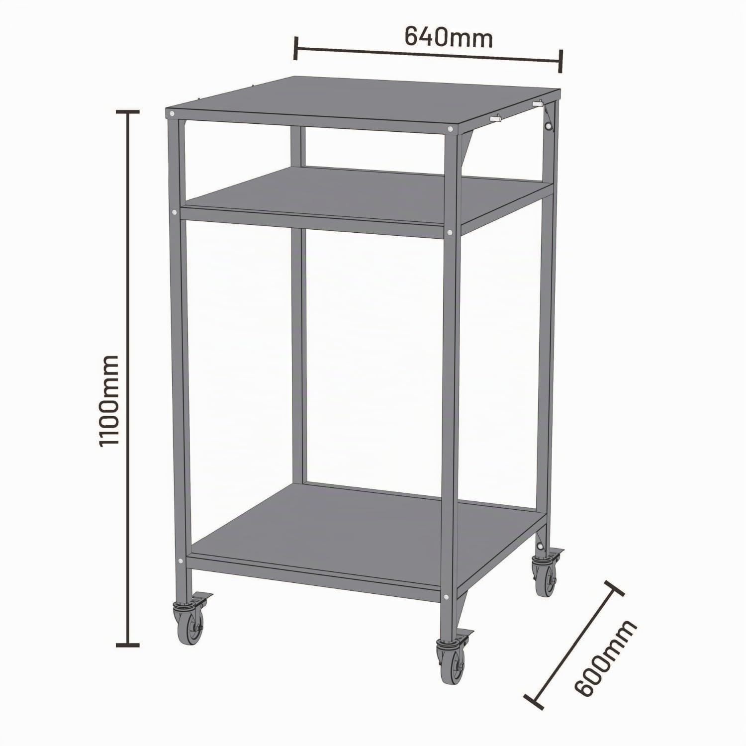 Cozze® | Tavolo da esterno alto H110 cm aperto nero | Altezza ideale per forno pizza | Ripiano fisso inferiore | 4 ruote Ø75 mm | 4 ganci inclusi | Acciaio verniciato a polvere | Portata max 50 kg