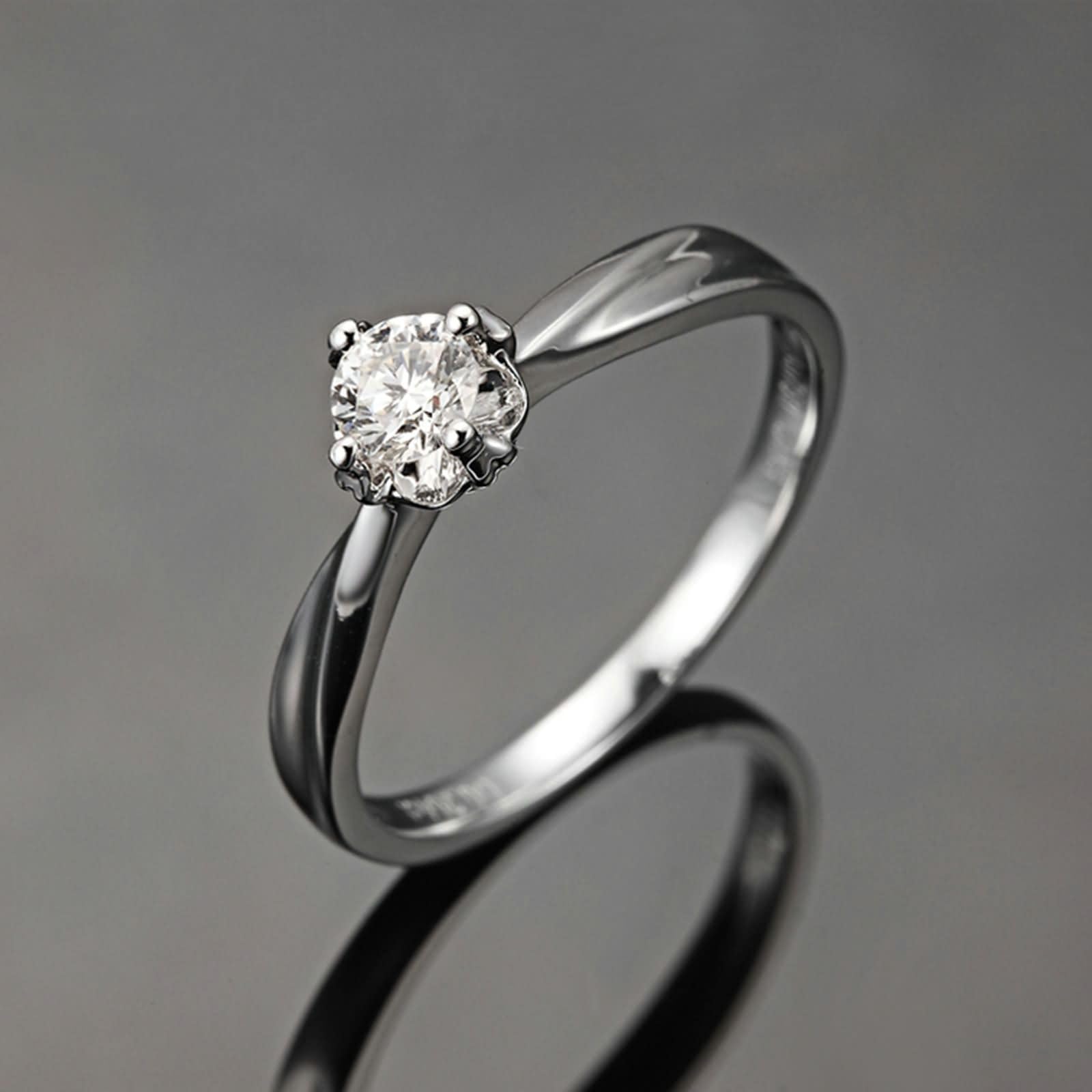 Donna Anello Fidanzamento in Oro Bianco 9 K / 14 K / 18 K, 4 Griffe Solitario Rotondo con Diamante da 0,24ct, Argento Donna Anello Fedi Nuziali