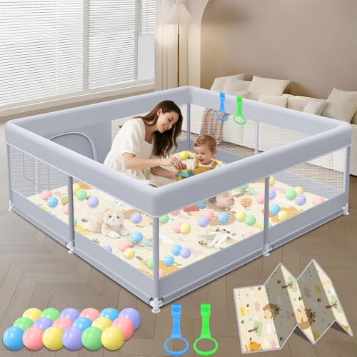 Image of XVISHX Baby Playpen with Mat, 50x50 Inch Play Pen, Playpen for Babies and Toddlers, Baby Playard for Indoor & Outdoor Active Center Game Fence, with Skin-Friendly Fabric and Soft Breathable Mesh