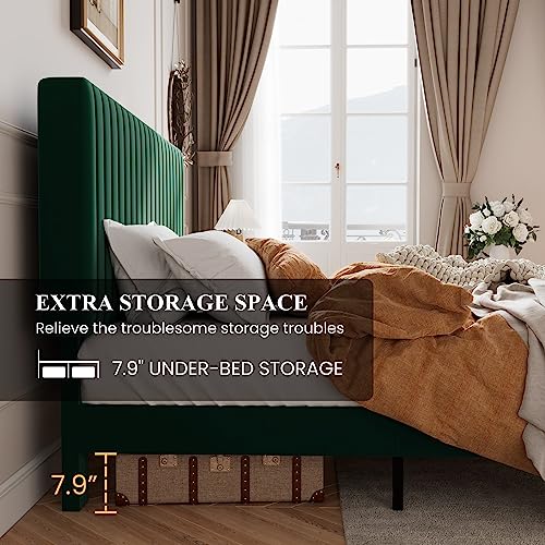 Image of SHA CERLIN Full Upholstered Platform Bed Frame with Vertical Channel Tufted Velvet Fabric Adjustable Headboard, Wooden Slats Support, Mattress Foundation, Box Spring Optional, Green