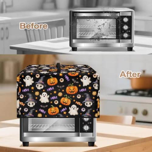 Image of Convection Oven Cover for Halloween Decor Smart Microwave Oven Cover for Countertop, L, 20.9 x 15.7 x 12.4 Inches, Cute Ghost Pumpkin Black