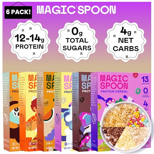 Image of Magic Spoon Cereal - High Protein Cereals - Sugar Free Snacks & Breakfast Food - Grain & Gluten Free Cereal - Low Carb & Keto Friendly - 4 Pack: Fruity, Cocoa, Chocolate Chip Cookie, Maple Waffle