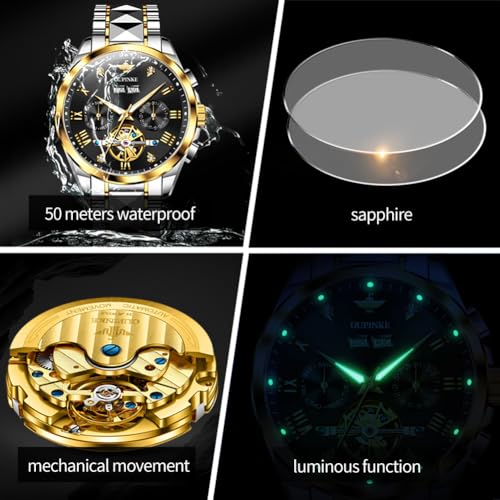 Image of OUPINKE Men's Automatic Watch 44mm Big Dial,Luxury Mechanical Wristwatch,Sapphire Crystal Glass,50M Waterproof, Tungsten Steel with Date Display
