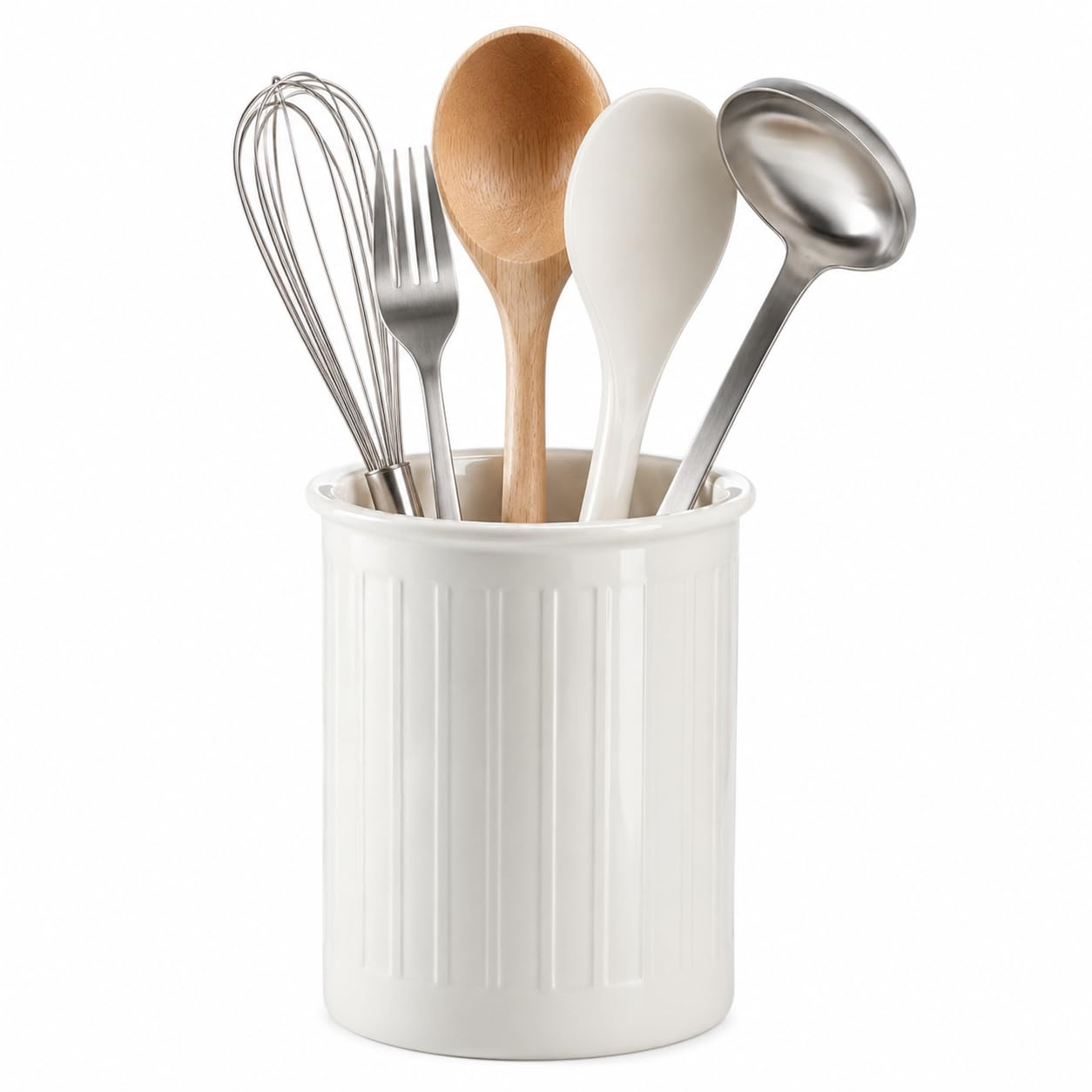 OLRWSLG Kitchen Utensil Holder Ceramic for Countertop, Ceramic Kitchen Utensils Holder Kitchen Cooking Utensil Organizer Cutlery Holder Utensils Crock Holder Cutlery Storage Jar for Counter, White