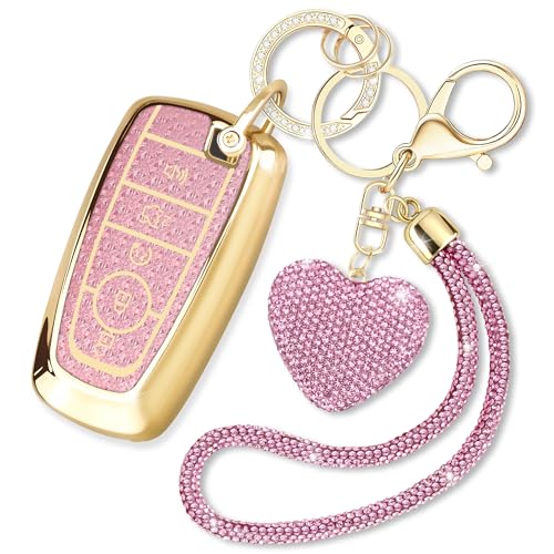 Coque de clé Ford rose avec diamant et dragonne pour Fusion Mustang