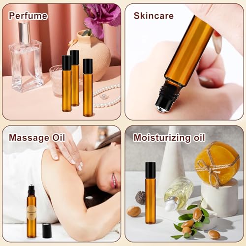 Redamancy 10 Stück Roll on Glasflaschen für Ätherisches Öl, 10ml Roll on Flasche Leer, Braune Rollon Flaschen, Ätherische Öle Roller Glasflaschen, für Öle, Duftstoff, Kosmetika, Massage
