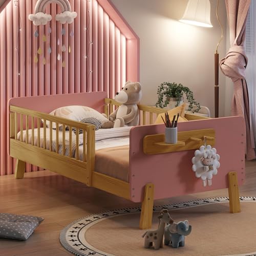 Mirightone Twin Bed Frame for Kids with High Rails, Wooden Montessori Bed, Low Profile Bed with Headboard and...