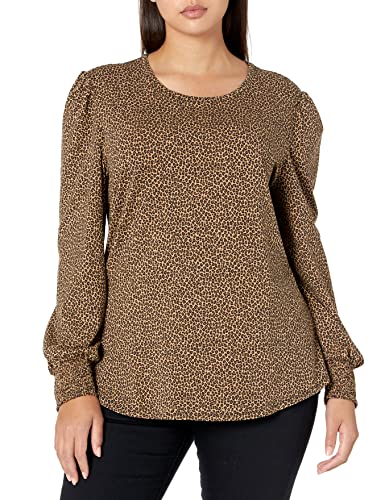 Amazon Essentials Women's Long-Sleeve Crewneck Smocked Cuff T-Shirt, Camel Cheetah, XX-Large