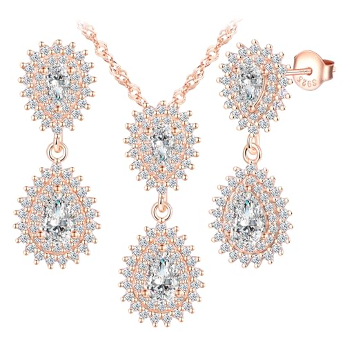 MicLee Collares colgantes y pendientes de circonitas teardrop para mujer: Juegos de joyas de plata 925 - Pendientes y collar lágrima - Joyas de boda elegantes - Joyas de fiesta oro rosa