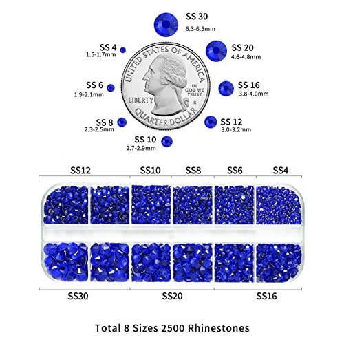 Image of Beadsland Rhinestones for Makeup,8 Sizes 2500pcs Blue Flatback Rhinestones Face Gems for Nails Crafts with Tweezers and Wax Pencil,Sapphire,SS4-SS30