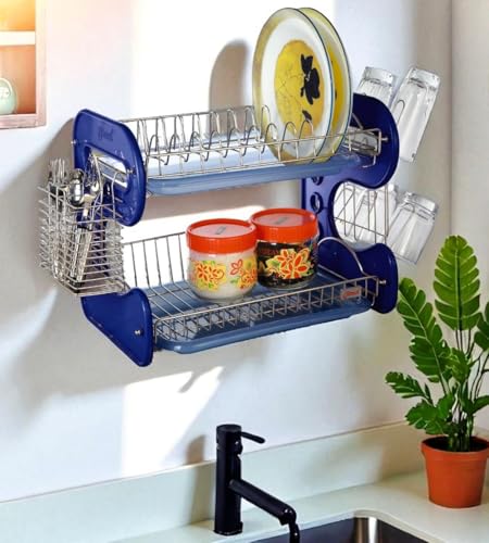 Image of AMOL Stainless Steel Kitchen Dish Rack | Rust-Resistant Utensil Stand with Glass & Spoon Holder | Wall Mountable Modular Kitchen Organizer (Made in India) (Height- 14.1 Inches)