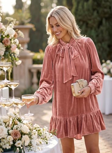 Dokotoo Fall Long Sleeve Mini Dresses for Womens 2026 Vacation Casual Tie Neck Ruffle Hem Loose Shift Summer Boho Flowy Dress Babydoll Velvet Wedding Dress Fashion Clothes Outfits Sepia Rose S — view 3