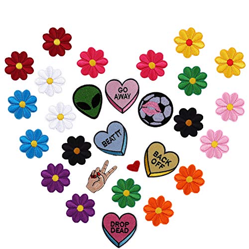Flower Iron on Patches for Clothing Heart Patches 28PCS Flower Embroidered Applique Decoration Patches Vintage Sew On/Iron On Patches for Clothing Backpack Jeans