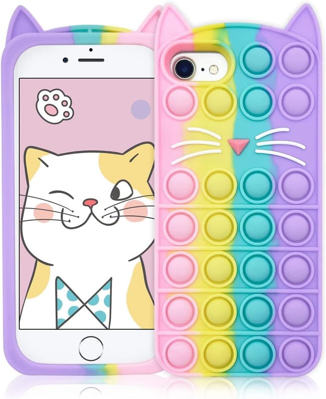 RM® Pop It Rainbow Cat Phone Case for iPhone SE 2020, Stress Relief Push Pop Bubble 3D Cartoon Funny Kawaii Cute Fun Soft Silicone Design Cover, Multicolor
