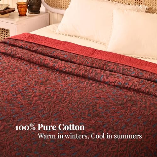 Image of Peepul Tree 100% Cotton Malmal AC Comforter 90x108 Inches, Queen Size Best for Summers Lightweight, Soft, Breathable & Reversible AC Blanket for Double Bed, Brickred & Navy