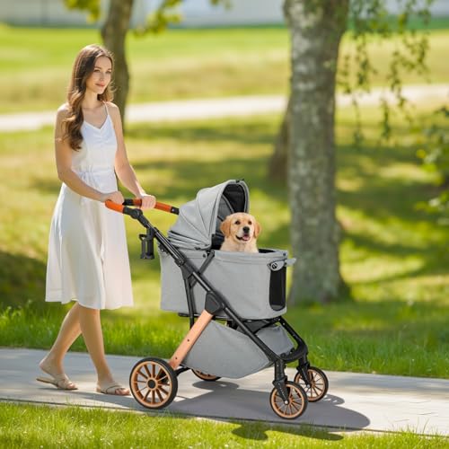 MAMIZO Faltbarer Hundebuggy One-Touch, Faltbar Katzenwagen, Bis 25 kg, Aluminium-Carbonstahl-Gestell, Höhenverstellbarer Griff, Getränkehalter, 4 PCS 360° Gummiräder, für kleine Hunde Katz, Dunkelgrau